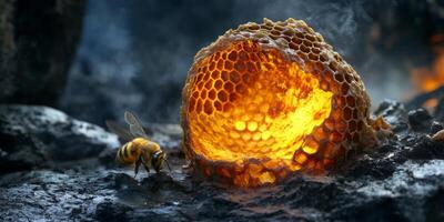 Shimmering Honeycomb with Golden Honey Illuminated by Natural Light on a Dark Surface with a Bee Nearby photo