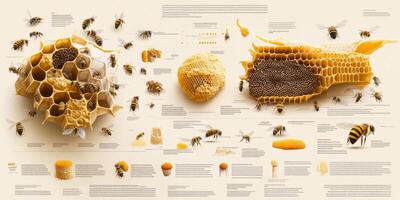 Detailed Infographic of Honeycomb Structure with Bees Highlighting Lifecycle, Anatomy, and Social Behavior of Honey Bees in Natural Habitat photo