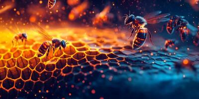 Close-Up View of Bees Collecting Nectar from Honeycomb with Stunning Light Effects and Vibrant Colors in a Nature Scene photo