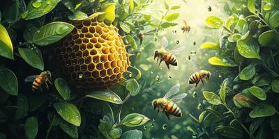 Bees Pollinating Vibrant Green Leaves with Honeycomb in Nature, Capturing the Essence of Biodiversity and Ecosystem Balance in a Lush Environment photo