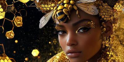 Radiant Beauty with Golden Bee Accents and Honeycomb Theme Showcasing Elegance, Nature, and Artistic Make-Up in a Dazzling Portrait photo
