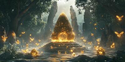 Enchanted Forest Temple Filled with Golden Light and Glowing Butterflies Surrounded by Ancient Ruins in Serene Nature Setting photo