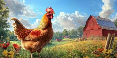 Majestic Brown Hen in a Vibrant Farm Landscape with a Red Barn and Green Fields under a Bright Blue Sky and Soft Fluffy Clouds photo