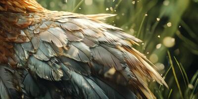 Close-up View of Bird Feathers Glimmering in Natural Light with Fresh Green Grass and Floating Particles in the Background photo