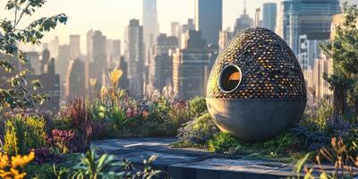 Innovative Urban Garden Structure Surrounded by Lush Vegetation with City Skyline in the Background at Sunrise photo