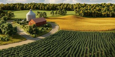 Scenic Rural Landscape Featuring Barn, Silos, Fields of Crops, and Lush Greenery Under a Clear Blue Sky in a Peaceful Farming Environment photo