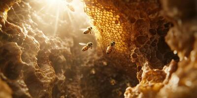 Close-Up View of Bees in a Honeycomb Inside Natural Hive with Sunlight Filtering Through for Nature and Pollination Imagery photo