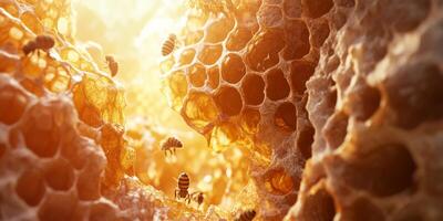 Close-Up View of Honeycomb with Bees Collecting Nectar in a Warm Golden Lighting Environment, Natural Beekeeping Scene photo