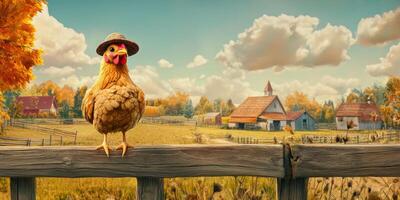 Whimsical Cartoon Chicken Wearing Hat on Farm Fence with Colorful Autumn Landscape and Charming Country Houses in Background photo