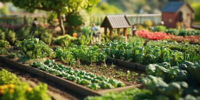 Lush Community Garden Featuring Vibrant Green Vegetables, Flower Beds, and Engaged Gardeners in a Sunny Outdoor Setting photo