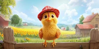 Cheerful cartoon chick wearing a red checkered hat standing on a wooden fence in a sunny countryside landscape with blooming sunflowers and rustic houses photo