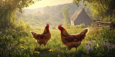 Two Brown Chickens Roaming in a Lush Green Meadow with a Rustic Barn in the Background Surrounded by Vivid Wildflowers and Gentle Morning Light photo