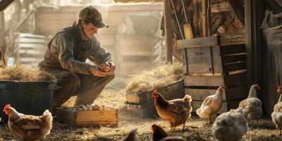 Young Farmer Collecting Fresh Eggs from Nesting Boxes in Rustic Barn Surrounded by Free-Range Chickens and Warm Natural Light photo