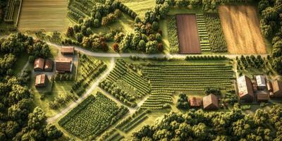 Aerial View of Lush Green Agricultural Fields with Vineyard Rows, Farmhouses, and Scenic Country Landscape in Warm Sunset Light photo