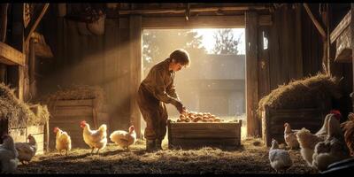 Young boy collecting fresh eggs in rustic barn surrounded by chickens with warm sunlight illuminating the serene farm scene at golden hour photo