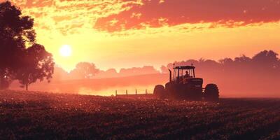 Serene Sunset Over Agricultural Landscape with Tractor Working in Field, Golden Sky, and Silhouetted Trees in the Background photo