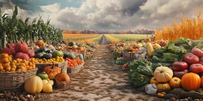 Abundant Harvest Scene with Colorful Vegetables and Fruits in Scenic Agricultural Landscape Under Dramatic Sky photo