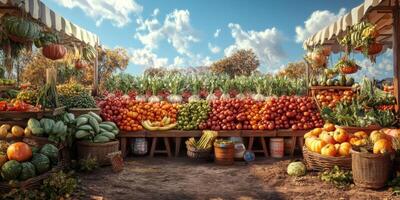Fresh and Vibrant Farmers Market Stall Displaying a Colorful Array of Seasonal Vegetables and Fruits Under Blue Sky with Fluffy White Clouds photo