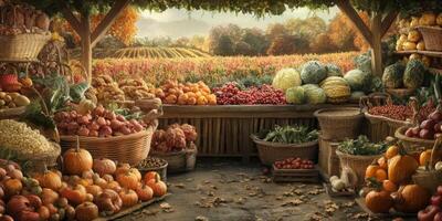 Vibrant Farm Market Display with Fresh Seasonal Vegetables, Fruits, and Autumn Landscape in Background Beneath Rustic Wooden Structure photo