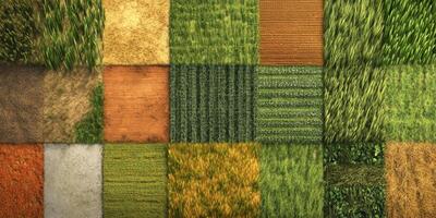 Aerial View of Diverse Agricultural Fields Showcasing Various Crops and Textures in a Vibrant Patchwork Landscape photo