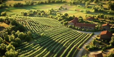 Aerial View of Lush Green Vineyards Surrounded by Verdant Fields and Charming Farmhouses Under a Bright Blue Sky in a Serene Landscape photo