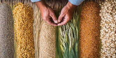 Hands Inspecting Grains and Seeds on a Rustic Surface Surrounded by Different Varieties of Agricultural Produce and Natural Colors Representing Harvest photo