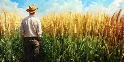 Farmer in Wheat Field with Golden Grass and Blue Sky, Standing Among Tall Crops, Agricultural Landscape, Nature and Rural Scene photo