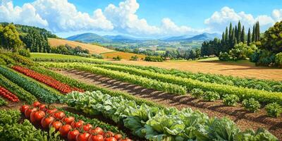 Lush Vibrant Farm Landscape with Rows of Vegetables Under a Bright Blue Sky and Rolling Green Hills in the Background photo