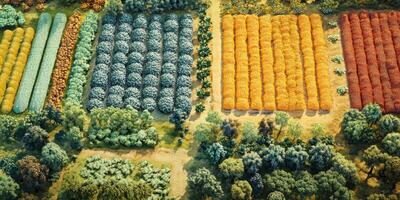 Aerial View of Colorful Agricultural Fields with Vibrant Crop Patterns and Varied Vegetation in a Scenic Rural Landscape Environment photo