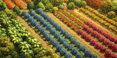Vibrant Rows of Colorful Crops in an Expansive Agricultural Field Showcasing Varied Plant Life and Lush Greenery Under Bright Sunlight photo