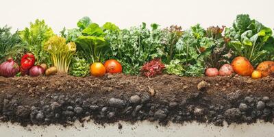 Vibrant Display of Fresh Vegetables and Healthy Greens Cultivated in Rich Soil with Textured Layers and Organic Gardening Elements photo