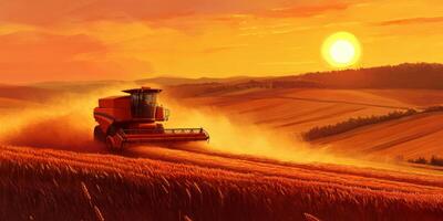 Sunset Harvest Scene with Combine Harvester in Golden Wheat Field, Agricultural Machinery Working Against Warm Horizon, Scenic Farming Landscape photo