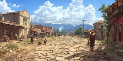 Serene Deserted Street View in Old Western Town with Mountains and Blue Sky in Background on Bright Sunny Day photo
