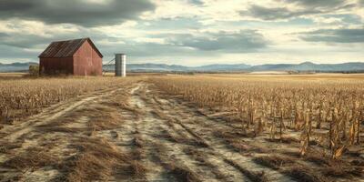 Rustic Farm Landscape with Red Barn and Silos under Dramatic Sky, Dusty Pathway and Dry Cornfield in Rural Countryside, Peaceful and Serene Nature Scene photo