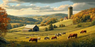 Idyllic rural landscape with rolling hills, grazing cows, vibrant autumn foliage, farm buildings, and a serene sky showcasing the beauty of nature photo