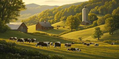 Serene Rural Landscape with Grazing Cows, Barns, Silos, Green Hills, and Majestic Mountains at Golden Hour in Tranquil Countryside Setting photo