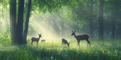 Serene Woodland Scene with Grazing Deer Under Soft Morning Light in Lush Green Forest Surrounded by Mist and Dew Drops on the Grass photo