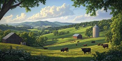 Serene Pastoral Landscape with Grazing Cows, Rolling Hills, Rustic Barns, Silo, Green Fields, and Dramatic Sky in Rural Countryside photo