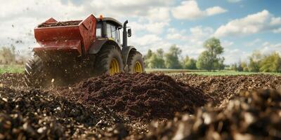 Tractor Spreading Organic Fertilizer on Agricultural Field with Blue Sky and Green Trees in Background for Sustainable Farming Practices photo