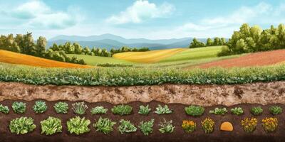 Detailed Illustration of Vegetables, Crops, and Soil Layers in a Fertile Landscape with Blue Sky and Mountain Background photo