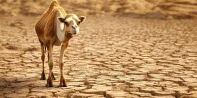 Lonely Camel Stands on Parched Ground of Cracked Earth Under Hot Desert Sun, Symbolizing Climate Change and Drought Challenges photo