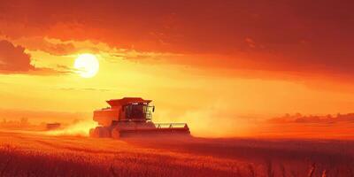 Majestic Sunset Over a Wheat Field with a Combine Harvester in Action Amidst an Orange Sky and Dust Clouds photo