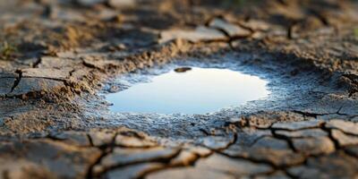 Close-Up View of a Small Water Puddle in a Dry Cracked Soil Landscape Revealing Environmental Changes and Effects of Drought and Water Scarcity photo