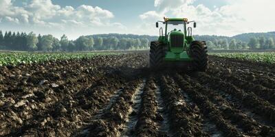 Majestic Green Tractor Tilling Fresh Soil under Blue Sky in Expansive Agricultural Landscape with Lush Trees and Gentle Hills in Background photo