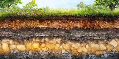 Detailed Cross-Section of Soil Layers Showing Different Textures, Colors, and Vegetation with Trees and Flowers Above Ground photo