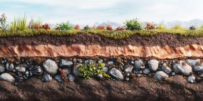 Cross-section of soil layers showing diverse vegetation, rocks, and minerals, illustrating the complexity of terrestrial ecosystems and their interactions photo