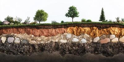 Cross-section of soil layers showcasing various textures and colors, featuring rocks, plants, trees, and diverse geological formations in a natural landscape photo