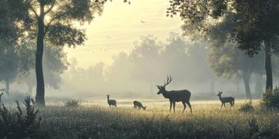 Serene Morning Landscape with Deer Grazing in Misty Meadow Surrounded by Lush Greenery and Warm Sunlight Filtering Through Foliage photo