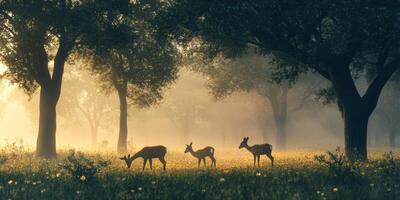 Serene Morning Scene with Deer Among Trees and Wildflowers in Soft Light, Capturing Nature's Tranquility and Beauty in Foggy Landscape photo