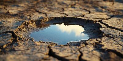 Dry cracked earth with a small water pool reflecting the sky, highlighting environmental issues and the impact of drought on natural landscapes photo